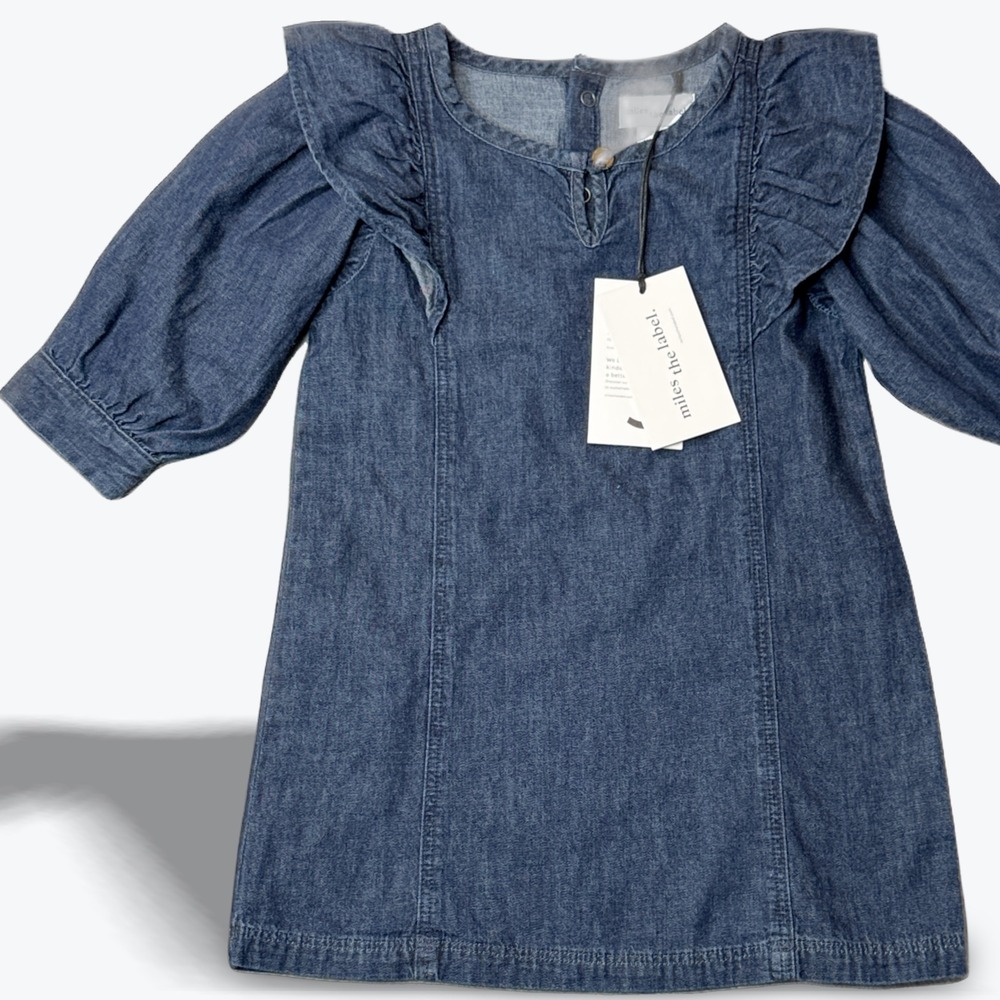 Miles the Label‎ Denim Ruffle Dress 2Y Blue Chambray Button Front Puff Sleeve